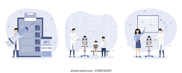 Medical services and vaccination for patients set. Vector illustrations.The doctor character vaccinates children. The importance of timely and regular vaccination. 