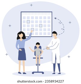 Medical services and vaccination for patients. Vector illustrations. The doctor character vaccinates a child. A woman checks on the calendar when the next vaccination.