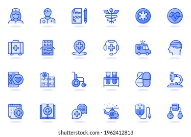 Medical services web flat line icon. Bundle outline pictogram of doctor, nurse, prescription, pharmacy, medicine, ambulance, treatment concept. Vector illustration of icons pack for website design