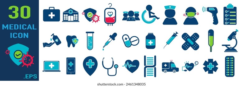 Conjunto médico de 30 iconos. Conteniendo médico, medicina, hospital, tratamiento, atención médica, enfermera, píldoras, clínica y más. Iconos de vector sólido colección.