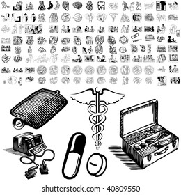 Medical set of black sketch. Part 101-1. Isolated groups and layers.