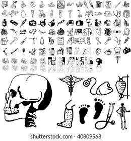 Medical set of black sketch. Part 101-7. Isolated groups and layers.