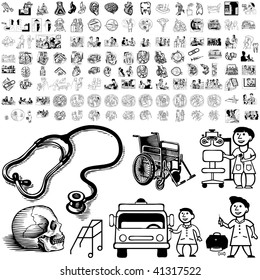 Medical set of black sketch. Part 102-1. Isolated groups and layers.