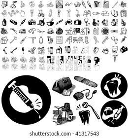 Medical set of black sketch. Part 102-7. Isolated groups and layers.