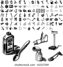 Medical set of black sketch. Part 102-9. Isolated groups and layers.