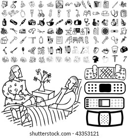 Medical set of black sketch. Part 106-7. Isolated groups and layers.