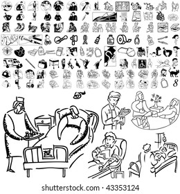 Medical set of black sketch. Part 106-8. Isolated groups and layers.