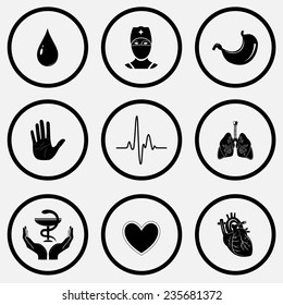 Equipo médico. Iconos vectoriales de conjuntos en blanco y negro.