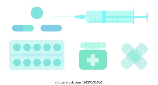 Un conjunto médico de blíster, comprimidos, parche, jeringa, aislado sobre un fondo blanco, en un estilo plano. Gráficos vectoriales