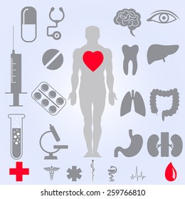 Medical set. Bodies, tools, types of drugs.