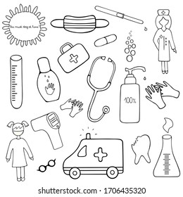 Medical set. Collection of healthcare elements for web design. Vector illustration. Coloring book for children. Contour on an isolated background. Health topics. Doodle style. Sketch.