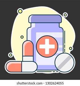 medical set of container, tablets and pills