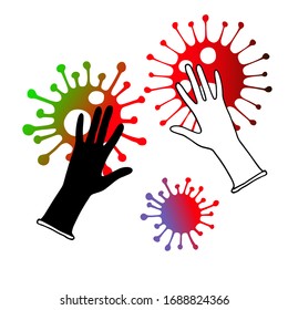 Medical set with Coronavirus bacteria icons and medical gloves. Protection against coronavirus. Hand drawn sketch style. Danger. Colourful vector illustration on white background