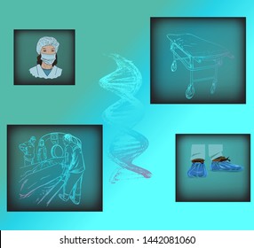 medical set doctor boot covers mask dna spiral vector background for design
