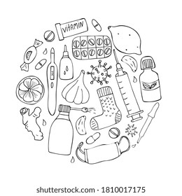 medical set elements. Hand drawn black and white drawing, doodle style. flu, cold treatment.