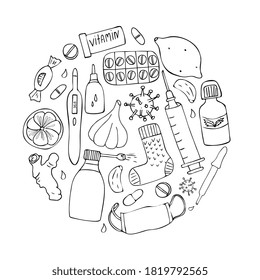 medical set elements. Hand drawn black and white drawing, doodle style. flu, cold treatment.
