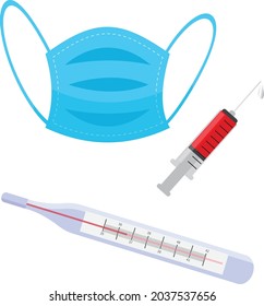 medical set of elements. syringe, thermometer, medical mask.