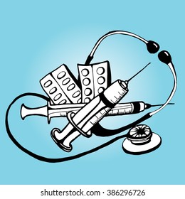 Medical set. First aid kit. Pharmacy. Syringe. Pills. Black and white. Line art. Decorative. Stylized. Tattoo.