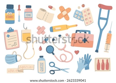 Medical set in flat graphic design. Collection isolated elements of vitamin bottle, pipette, bandage, pill, plaster, medicines, blood dropper, stethoscope, first aid kit, other. Vector illustration.