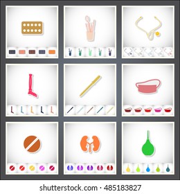 Medical. A set of flat stickers with shadow on white background. Vector illustration
