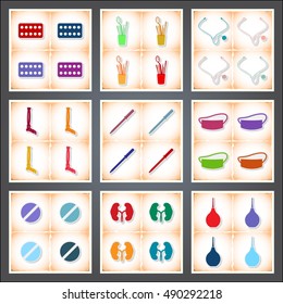 Medical. A set of flat stickers with shadow on old paper. Vector illustration