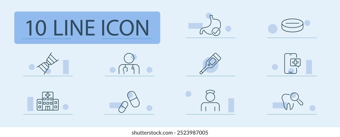 Ícone do conjunto médico. DNA, médico, termômetro, pílula, hospital, enfermeiro, saúde móvel, inspeção dentária, serviços de saúde, medicina