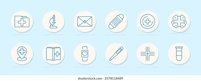 Medical set icon. Health folder, microscope, email, mask, healthcare, location, book, smartwatch, thermometer, cross, test tube