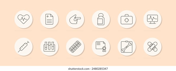 Medical set icon. Heart rate, prescription, syringe, pills, lab test, stethoscope. Healthcare, diagnosis, treatment concept. Vector line icons on beige background.