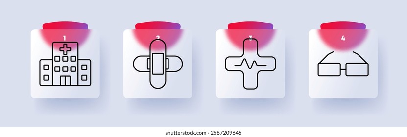 Medical set icon. Hospital, bandage, medical cross, glasses, healthcare, treatment, emergency, vision, safety, first aid, patient care, optical health, wellness, support, clinic.