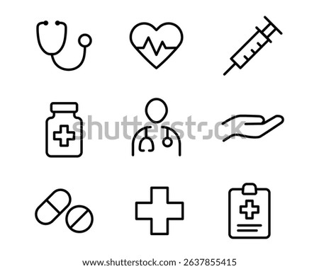 Medical set icon. Includes stethoscope, heart pulse, syringe, medicine bottle, doctor, hand, pills, cross, clipboard illustration. Healthcare, hospital service symbol. Emergency treatment pictogram.
