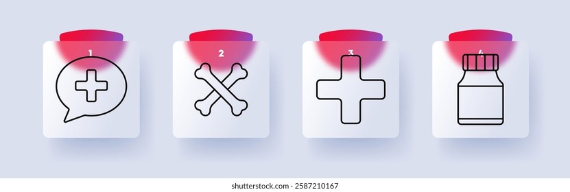 Medical set icon. Speech bubble with cross, crossed bones, medical cross, pill bottle, healthcare, pharmacy, medicine, diagnosis, treatment, prescription