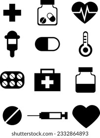 Conjunto médico, vector de icono. Corazón y cardiograma, pastillas y medicamentos, jeringa y pipeta, termómetro y kit de primeros auxilios, cruz roja.