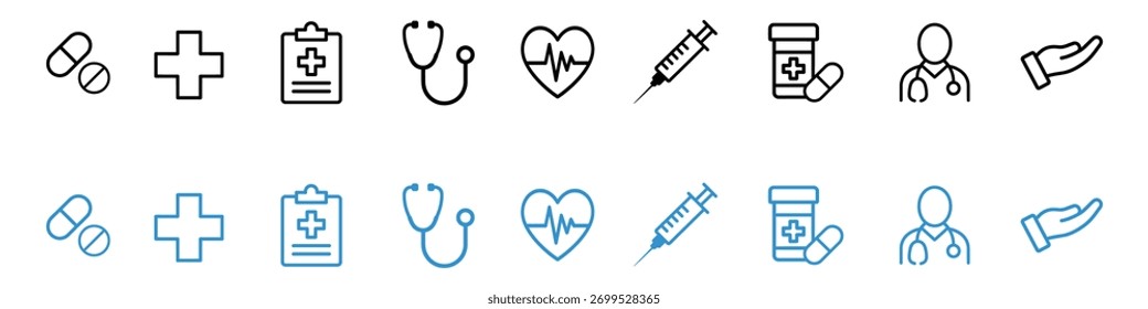 Medical set icon vector. stethoscope, heart pulse, syringe, medicine bottle, doctor, hand, pills, cross, clipboard symbol. vector illustration.