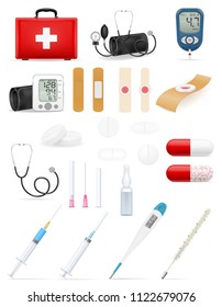 medical set icons equipment tools and objects stock vector illustration isolated on white background