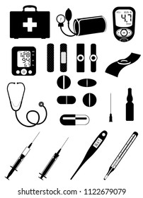 medical set icons equipment tools and objects black outline silhouette stock vector illustration isolated on white background