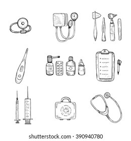 Medical set including equipment , medical tools and drugs. Vector hand drawn medical collection