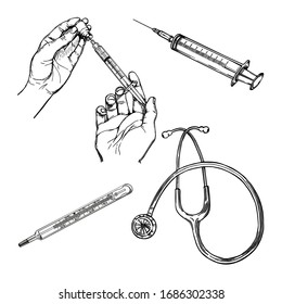 Medical set including hand-drawn syringe, thermometer, stethoscope, and hands taking medicine in syringe. Vector black contours of medical tools and instruments isolated on white background.