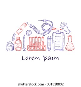 Medical set including  medical tools. Vector hand drawn medical collection