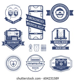 medical set label template of emblem element for your product or design, web and mobile applications with text. Vector illustration with thin lines isolated icons on stamp symbol.