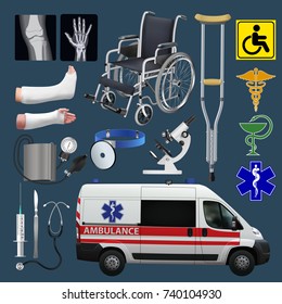 Medical set. Means of transportation, tools and devices. Health and medicine. Vector illustration.