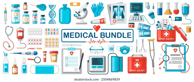 Medical set. Medicine cartoon table, antibiotics, medication dose flat icons. First aid set icon