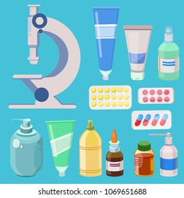 Medical Set. Microscope, cream, lotion, pills vitamins antibiotics nasal drops aspirin anesthetics antiseptic various medicines. Disease,  illness, Modern vector flat image isolated on blue background