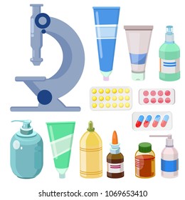 Medical Set. Microscope, cream, lotion, pills vitamins antibiotics nasal drops aspirin anesthetics antiseptic various medicines. Disease,  illness Modern vector flat image isolated on white background
