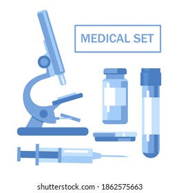 Medizinisches Set. Mikroskop, Reagenzglas, Arzneimittelflasche, Petrischale, Spritze. Vektorgrafik, flacher Stil. Einzeln auf Weiß.	