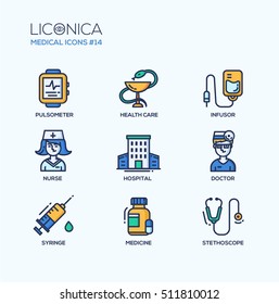 Medical Set - modern vector thin line flat design icons and pictograms. Pulsometer, health care, infusor, nurse, hospital, doctor, syringe, medicine, stethoscope