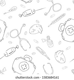 Medical set seamless pattern. Vector illustration of a medical syringe, tablet, stethoscope, thermometer seamless pattern. Background from a medical kit, syringe, medicine, thermometer. Hand drawn.