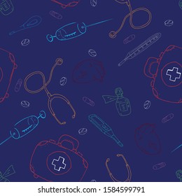 Medical set seamless pattern. Vector illustration of a medical syringe, tablet, stethoscope, thermometer seamless pattern. Background from a medical kit, syringe, medicine, thermometer. Hand drawn.