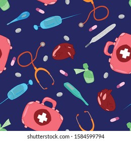 Medical set seamless pattern. Vector illustration of a medical syringe, tablet, stethoscope, thermometer seamless pattern. Background from a medical kit, syringe, medicine, thermometer. Hand drawn.