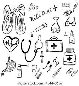 Medical set sketch, hand drawing style. Medicine icons. Vector illustration