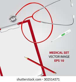 Medical set. Stethoscope, digital thermometer, clipboard, red pencil. Place for notes. Realistic style. Vector image.